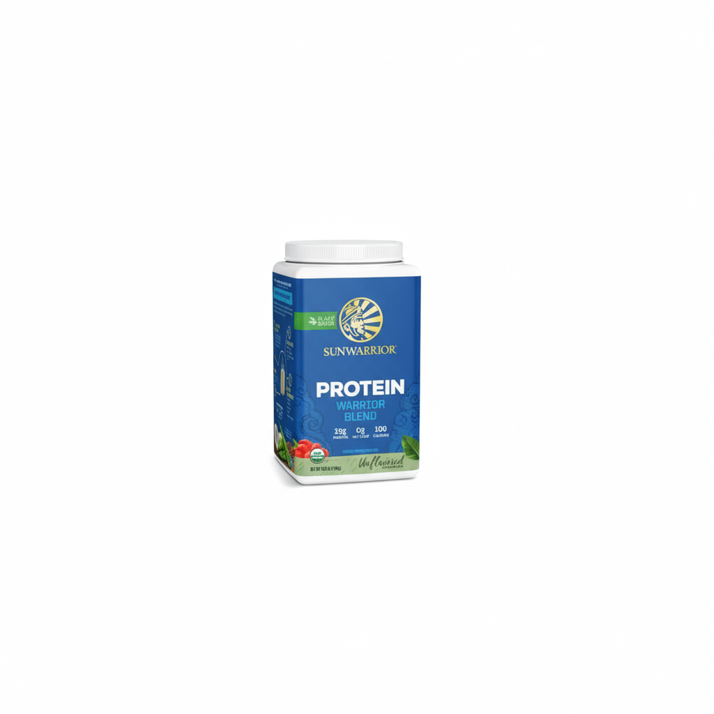 Sunwarrior Warrior Blend protein powder container on a white background