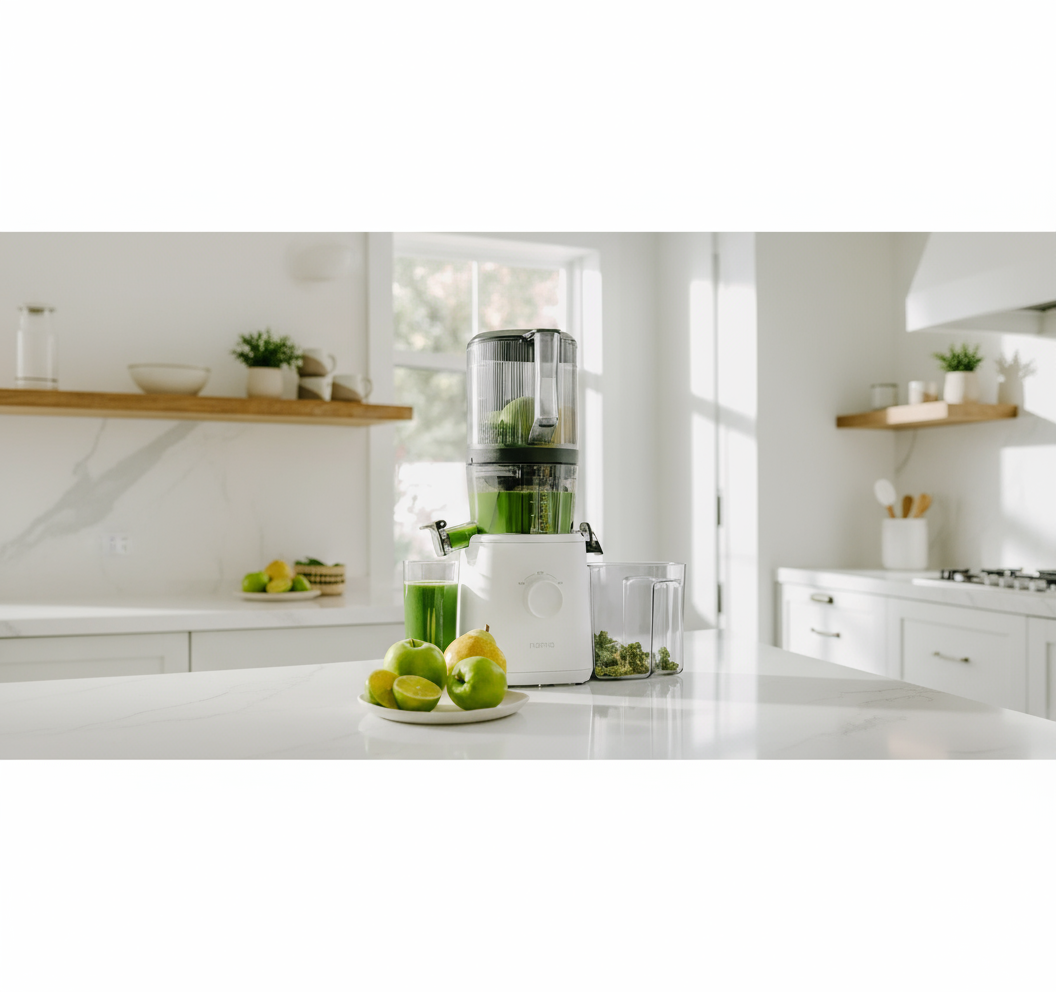 Nama juicer with green juice and fruits on a kitchen counter